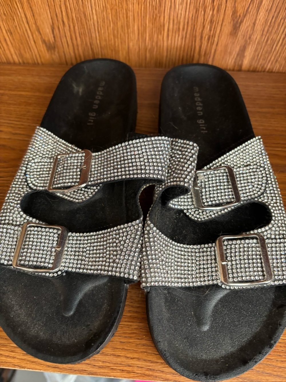 Madden Girl Silver Rhinestone Double Buckle Slide Sandals